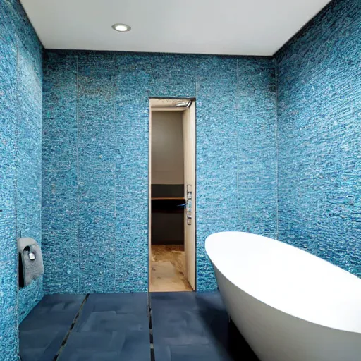 Prompt: a futuristic bathroom with walls and floor made of blue granite tiles. There is a small swimming pool on the floor.