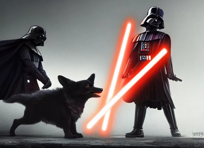 Image similar to a Photorealistic dramatic hyperrealistic render of darth vader with lightsaber drawn facing off against a cute corgi in battle, futuristic star wars vibe, by WLOP and Artgerm and Greg Rutkowski and Alphonse Mucha, Beautiful dynamic dramatic dark moody lighting, shadows, cinematic atmosphere, Artstation, concept design art, Octane render, 8K, masterpiece