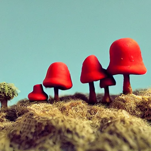 Image similar to beautiful dystopian deserted overgrown city anthropomorphic red mushroom tiny village