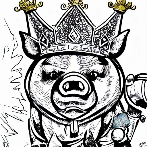 Image similar to detailed lineart comic book drawing of pig wearing a gold crown in the style of jim lee