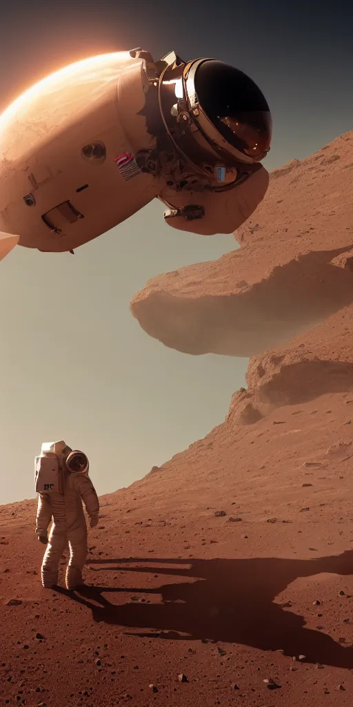 Image similar to concept art, american astronaut landing on mars, musk's mars project, future technology, backlight, epic, high detail, 8 k, octane rendering, unreal engine.