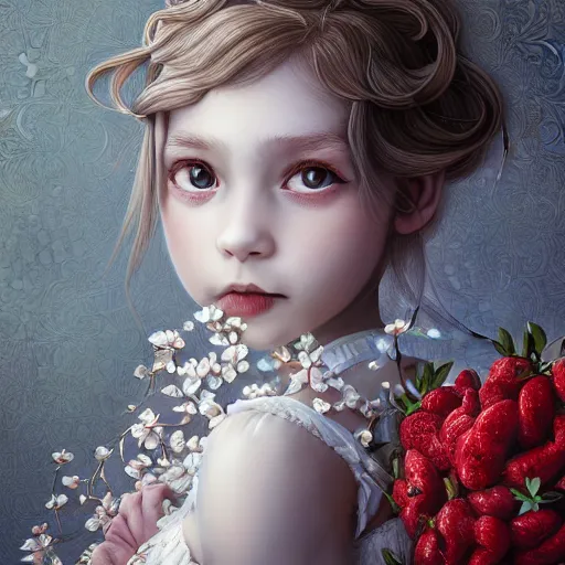 Image similar to the portrait of the absurdly beautiful, graceful, elegant, sophisticated, fashionable little girl made of strawberries and white petals looking down, an ultrafine hyperdetailed illustration by kim jung gi, irakli nadar, intricate linework, bright colors, octopath traveler, final fantasy, unreal engine 5 highly rendered, global illumination, radiant light, detailed and intricate environment