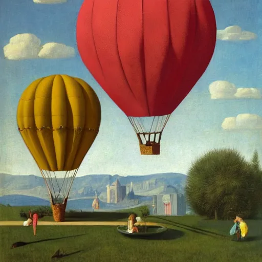 Image similar to an outdoor hot-air-balloon-museum-exhibit by Raphael, Hopper, and Rene Magritte. detailed, romantic, enchanting, trending on artstation.