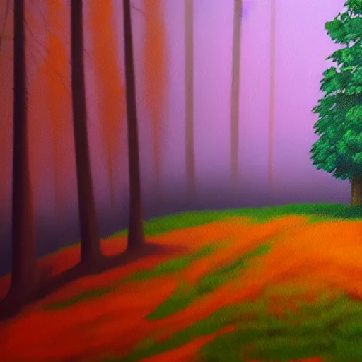 Prompt: a forest landscape with a blender default cube in the middle of the painting in the style of bob ross