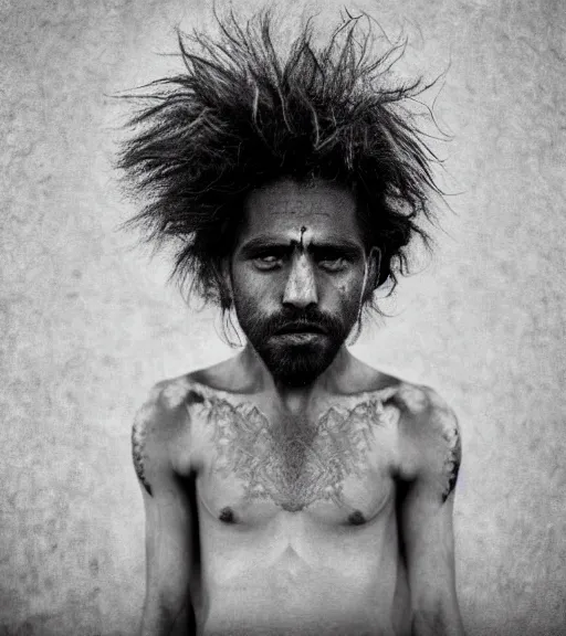 Prompt: Award winning photo of Mauri Natives with incredible hair and hyper-detailed eyes wearing traditional garb by Lee Jeffries, 85mm ND 5, perfect lighting, gelatin silver process