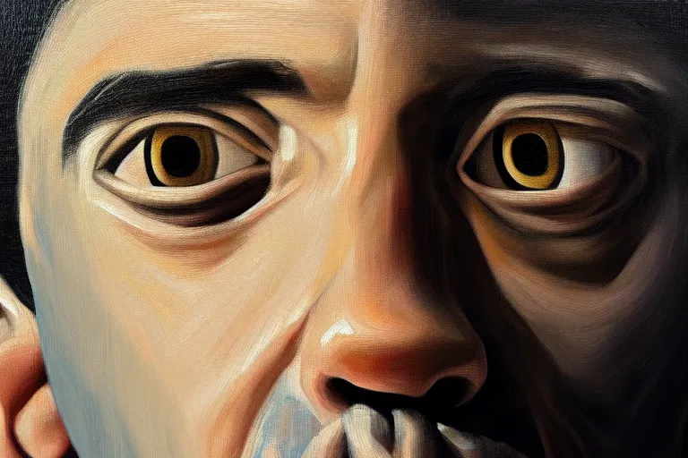 Image similar to frank the ai painter self portrait, detailed eyes, photorealistic