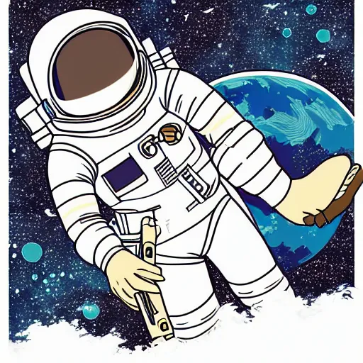 Image similar to an astronaut relaxing in space, manga character, vector art, glitchcore, studio ghibli,