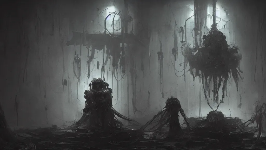 Prompt: The rejected vessel of an old god being experimented on in a lab, dark cinematic concept art, award-winning art, trending on artstation, sinister disturbing atmosphere