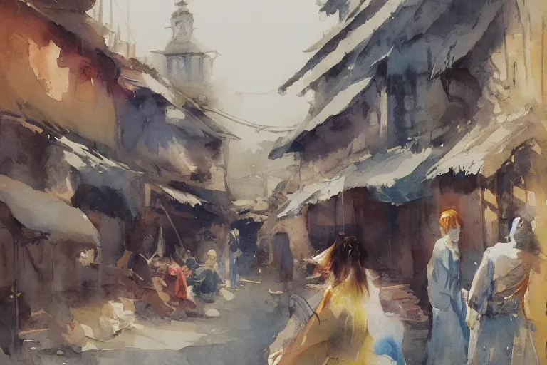 Prompt: small centered on watercolor paper, paint brush strokes, abstract watercolor painting of ancient cloth velved and silk market, fabrics, rural rustic, cinematic light, national romanticism by hans dahl, by jesper ejsing, by anders zorn, by greg rutkowski, by greg manchess, by tyler edlin