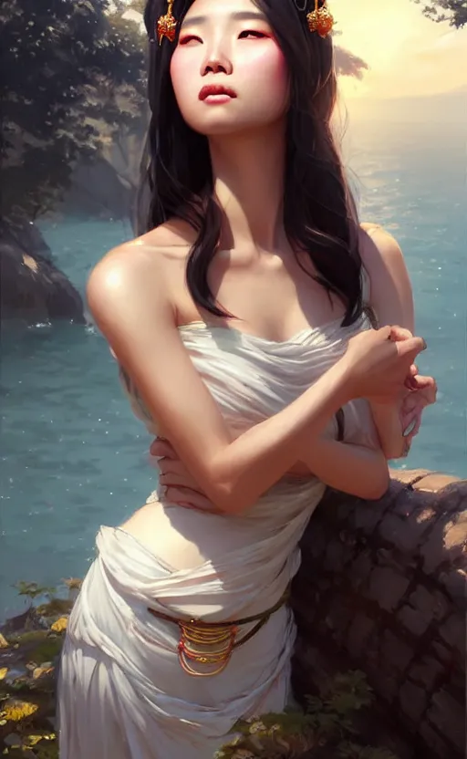 Image similar to a beautiful taiwan goddess with sundress with jewelry | | winter, realistic shaded, unpleasant face, good looking, fine details, realistic shaded lighting poster by greg rutkowski, magali villeneuve, artgerm, jeremy lipkin and michael garmash and macoto takahashi