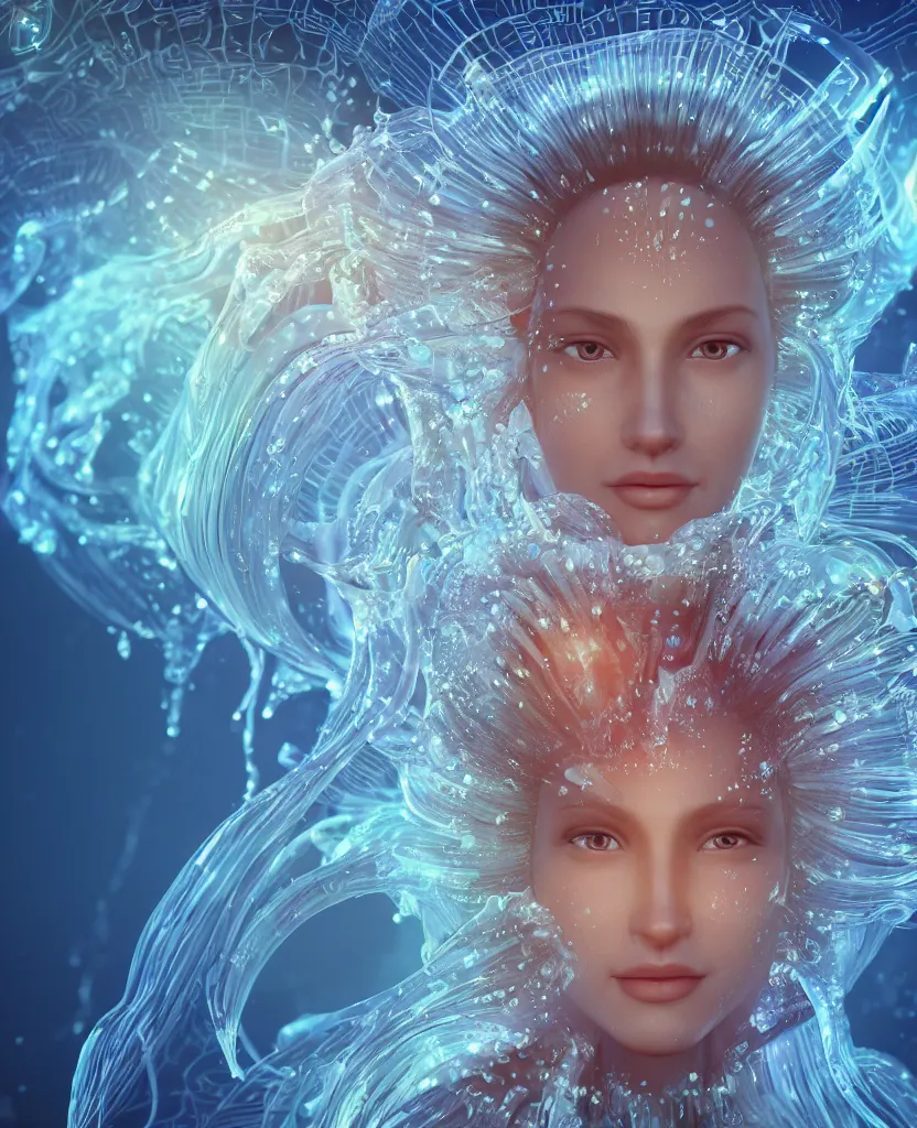 Image similar to close-up macro portrait of the face of a beautiful princess, epic angle and pose, symmetrical artwork, 3d with depth of field, blurred background, cybernetic jellyfish female face skull phoenix bird, translucent, nautilus, energy flows of water and fire. a highly detailed epic cinematic concept art CG render. made in Maya, Blender and Photoshop, octane render, excellent composition, cinematic dystopian brutalist atmosphere, dynamic dramatic cinematic lighting, aesthetic, very inspirational, arthouse. y Greg Rutkowski, Ilya Kuvshinov, WLOP, Stanley Artgerm Lau, Ruan Jia and Fenghua Zhong