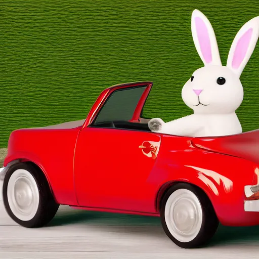 Image similar to easter bunny driving a convertible, studio photo, high quality