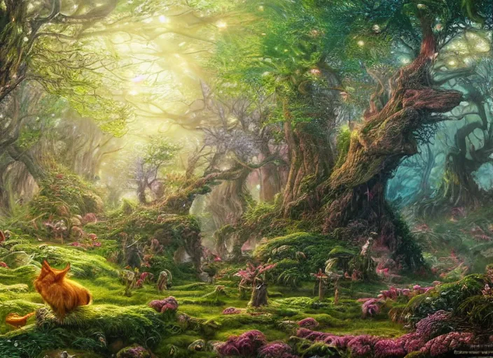 Image similar to desktop background, magical fantasy forest, magical creatures, fantasy critters, path traced, highly detailed, high quality, digital painting, by studio ghibli, lise deharme, alexander jansson, paul lehr, moebius, noriyoshi ohrai, tim white, hans zatzka, henriette ronner - knip, george stubbs, louis wain