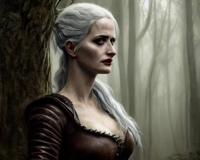 Image similar to 5 5 mm portrait photo of a real life tough looking eva green as ciri in brown leather armor with silver hair and a large scar along her left cheek, in a magical forest. dark atmosphere. art by greg rutkowski. highly detailed 8 k. intricate. lifelike. soft light. nikon d 8 5 0.