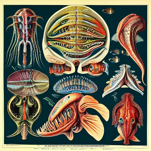 Image similar to alien fish anatomy by ernst haeckel, masterpiece, vivid, very detailed