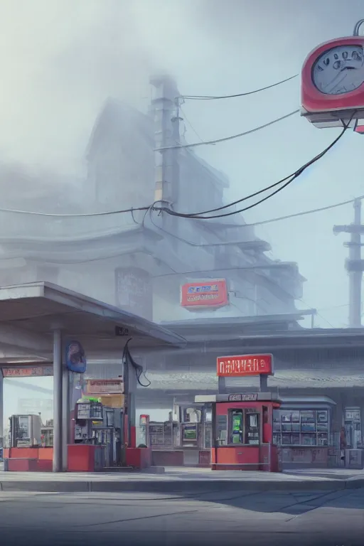 Image similar to a highly detailed matte painting of a single gas station with a sign in the fog by studio ghibli, makoto shinkai, by artgerm, by wlop, by greg rutkowski, volumetric lighting, octane render, 4 k resolution, trending on artstation, masterpiece