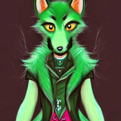 Image similar to Beautiful digital painting of an anthro anthropomorphic pastel-green wolf, Punk outfit.