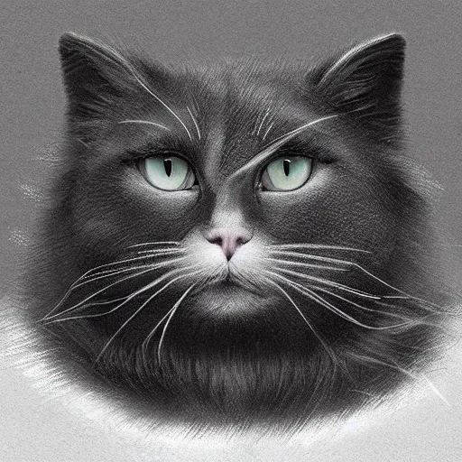 Image similar to a big indifferent looking dark grey cat with white belly, white paws and white face markings with long fur and fluffy tail sitting, intricate, elegant, highly detailed, digital painting, artstation, concept art, matte, sharp focus, illustration, art by Leonardo da vinci