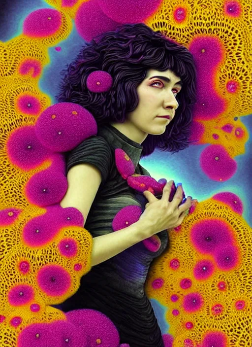 Image similar to hyper detailed 3d render like a Oil painting - Ramona Flowers with black hair in thick mascara seen Eating of the Strangling network of colorful yellowcake and aerochrome and milky Fruit and Her delicate Hands hold of gossamer polyp blossoms bring iridescent fungal flowers whose spores black the foolish stars by Jacek Yerka, Mariusz Lewandowski, Houdini algorithmic generative render, Abstract brush strokes, Masterpiece, Edward Hopper and James Gilleard, Zdzislaw Beksinski, Mark Ryden, Wolfgang Lettl, Dan Hiller, hints of Yayoi Kasuma, octane render, 8k