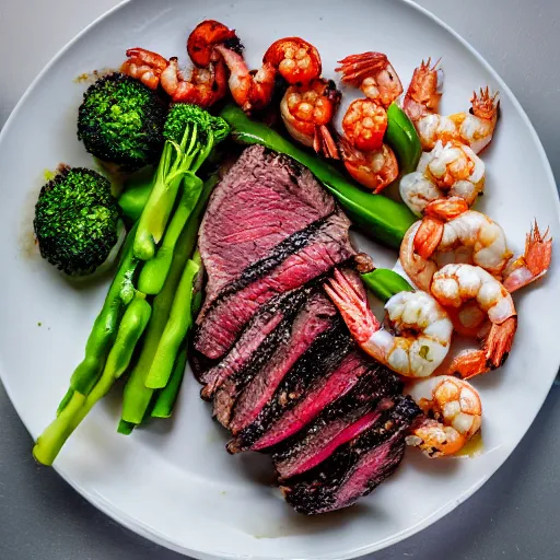 Prompt: advertising photography of a delicious 24oz sliced and smoked steak, drizzled with mozzarella cheese and shrimp on top of it, with a seasoned vegetable medley on the side, award-winning photograph