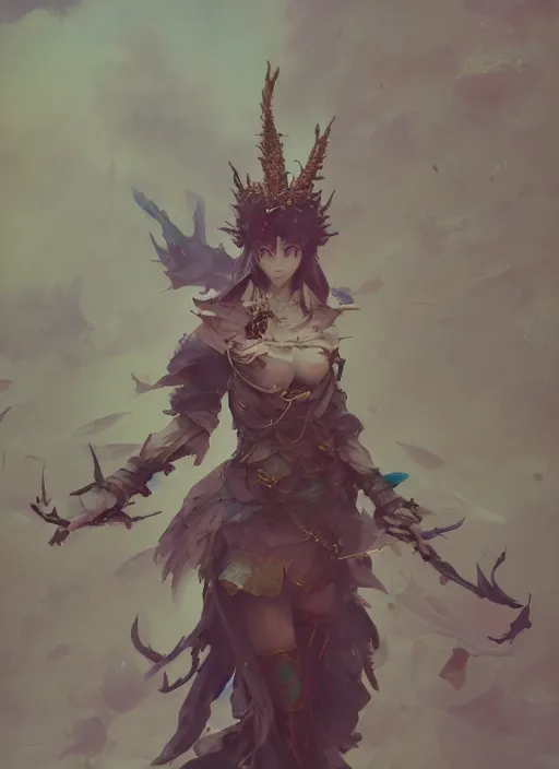 Image similar to matte painting, by yoshitaka amano, by ruan jia, by conrad roset, by good smile company, detailed anime 3d render of a female jester goddess, portrait, cgsociety, artstation, quirky modular costume and grand headpiece in the style of fischer price, surreal mystical atmosphere