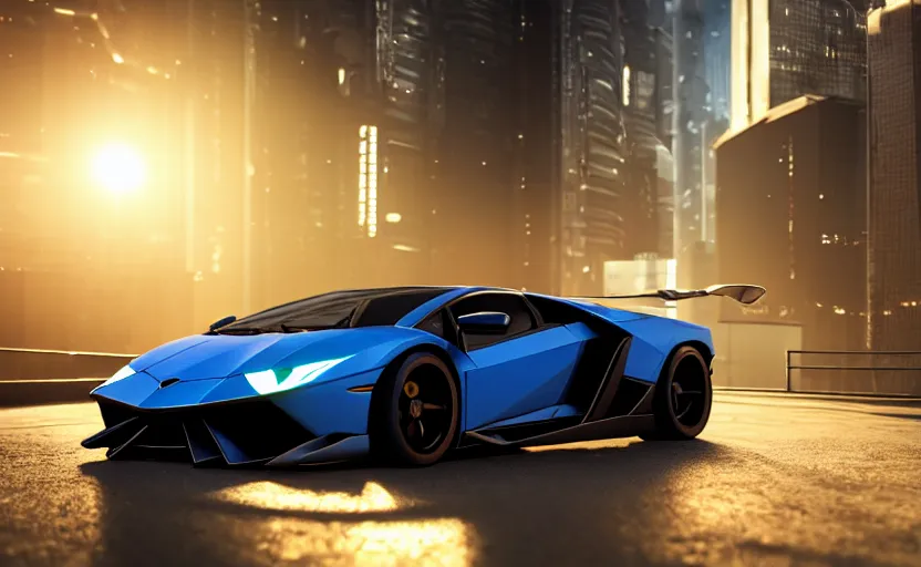 Image similar to photorealistic cyberpunk lamborghini. daylight. sunlight. lens flare. light fixtures. 8K. detailed. photorealism. artstation. 25mm f/1.7 ASPH Lens. ultra realistic