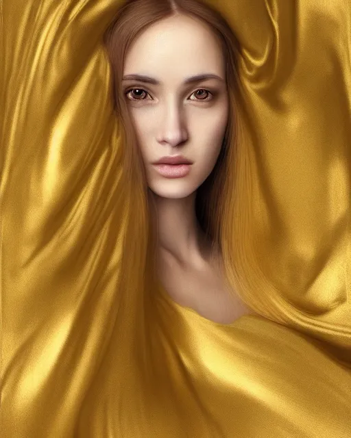 Image similar to realistic portrait of a mysterious woman made of gold in silky clothes with long golden hair, detailed, 1 4 5 0, delicate, hyper realism, ultra realistic, 8 k