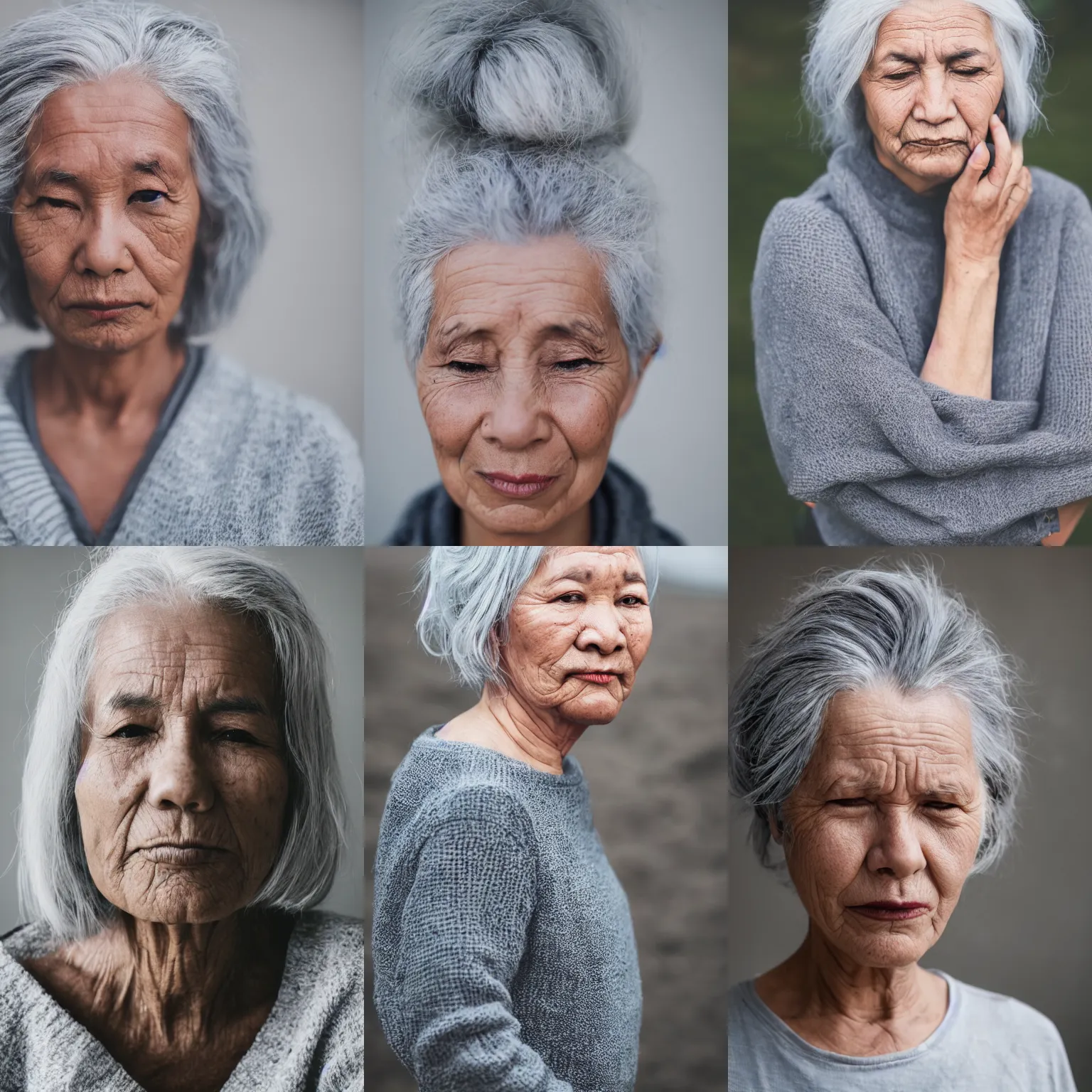 Prompt: woman with grey hair, peaceful expression, medium shot, canon eos r 3, f / 1. 4, iso 2 0 0, 1 / 1 6 0 s, 8 k, raw, unedited, symmetrical balance