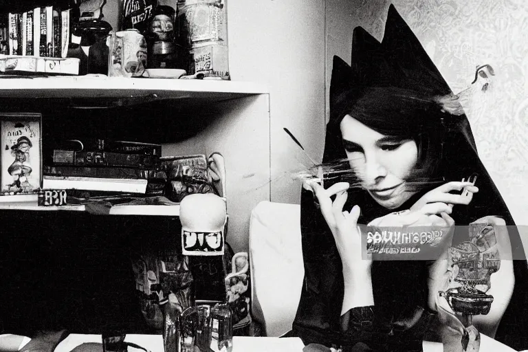 Image similar to polaroid 1 9 8 0's photo, close up portrait, dramatic lighting, concentration, calm confident teen witch and her cat with tarot card on the table in front of her, incense smoke fills the air, a witch hat and cape, apothecary shelves in the background, still from harry potter