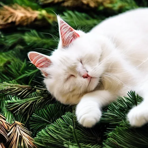 Image similar to a superhero white cat sleeping on bed of pine needles, anime