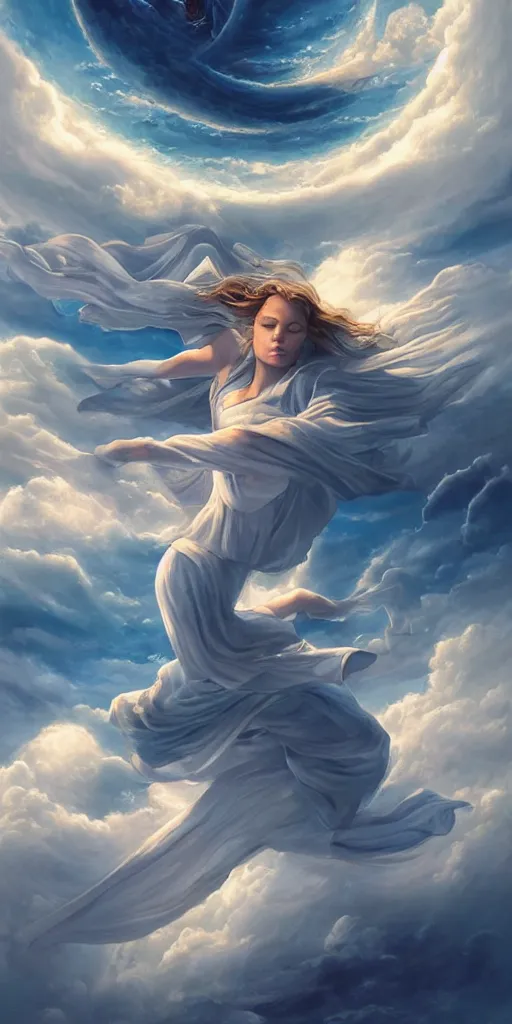 Prompt: symmetry!! she is falling from heaven, heavenly landscape, swirling clouds, serene, peace, very detailed, perfect composition, perfect lighting, 4 k, tim white, artgerm