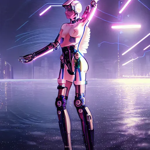 Prompt: ellen paige as a beautiful cyborg - angel girl standing on a crystal clear lake, rainfall, biomechanical details, digital cyberpunk anime art, full body shot, reflections, lens flare, promotional poster, wlop, ilya kuvshinov, artgerm, rossdraws, krenz cushart, greg rutkowski