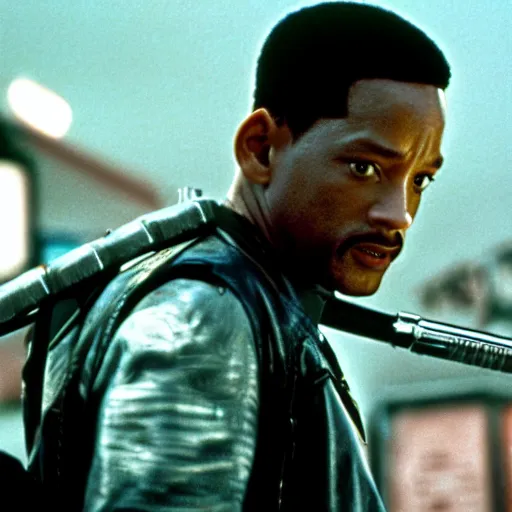 Image similar to film still of will smith as the terminator (1984 film), film grain, insanely detailed, 4k, photorealistic, hd