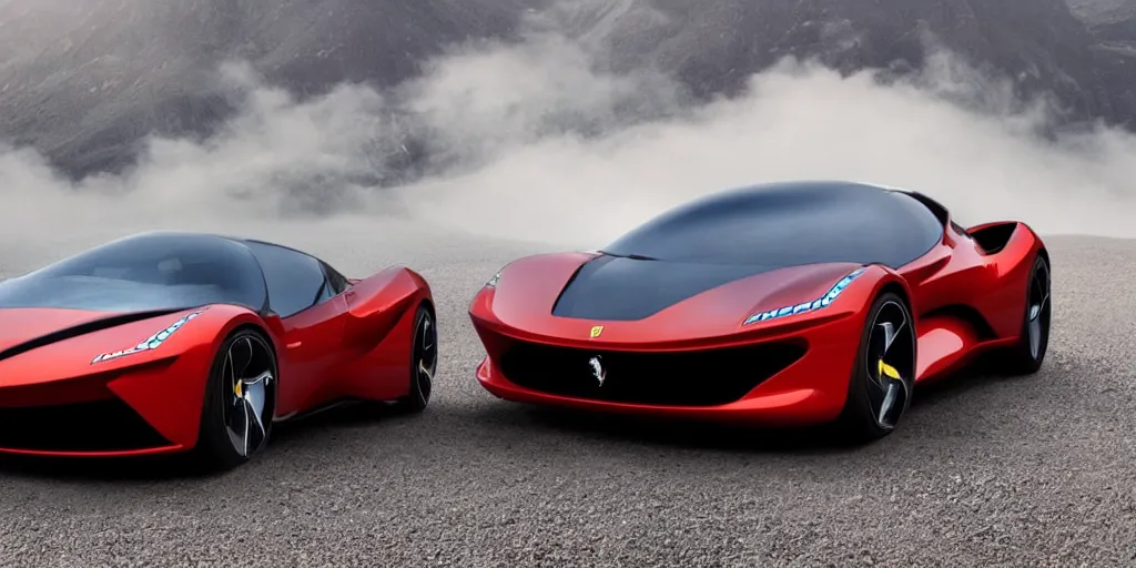 Image similar to a electric sport car designed by ferrari, outdoor magazine, ambient light, fog