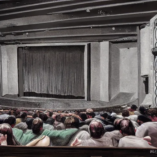 Prompt: a congregation of drunkards in a abandoned theatre by michael whelan! n 9