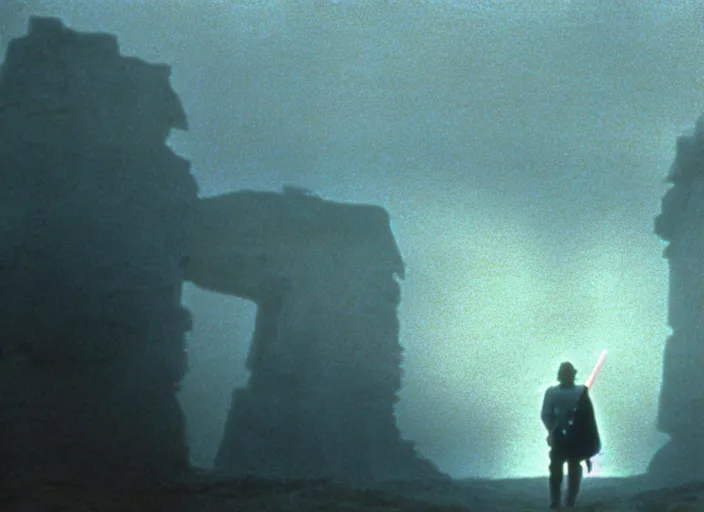 Image similar to epic still of Luke Skywalker using lightsaber in foggy environment, approaching an ancient temple in the distance, iconic scene from the 1980s film directed by Stanley Kubrick, cinematic lighting, kodak film stock, strange, hyper real, stunning moody cinematography, with anamorphic lenses, crisp, detailed portrait, 4k image