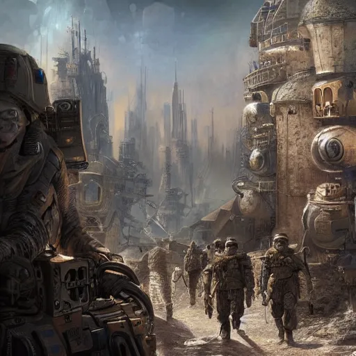 Image similar to soldiers exploring a city in the year 2 7 1 7, 1 9 2 0's sci - fi, deep aesthetic colors, 8 k, highly ornate intricate details, extreme detail,