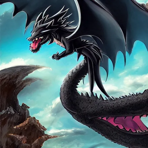 Image similar to an anime black cat riding a dragon over a vast fantasy landscape