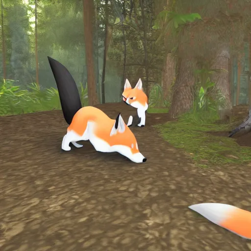 Image similar to second life in game screenshot of black foxes cuddling next to each other in a cozy forest, 4 k