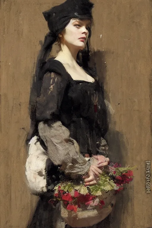 Image similar to Richard Schmid and Jeremy Lipking full length portrait painting of a young beautiful medieval jester woman