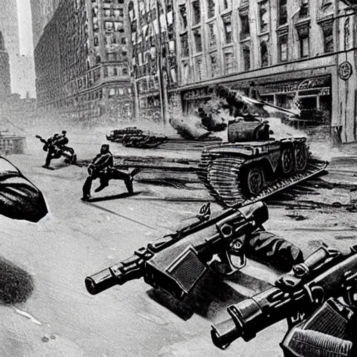 Image similar to Epic shootout between Soviet and American troops on the streets of New York, powerful explosions, Super colorful style, super detail of each object,