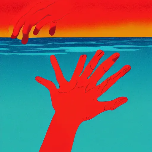 Image similar to album art of a hand coming out the water with a red sky by chris bilheimer