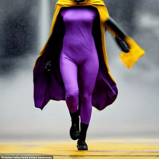 Prompt: a blur of purple, yellow, and black. figure in a cape, and cowl - flew in a split second under the rainy yet gloomy skies of gotham city