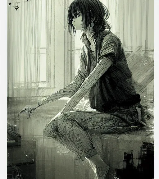 Prompt: portrait of anime girl wearing pajamas, pen and ink, intricate line drawings, by craig mullins, ruan jia, kentaro miura, greg rutkowski, loundraw