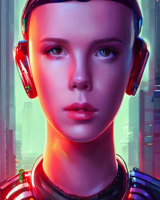 Image similar to cyberpunk millie bobby brown as a robot by rossdraws