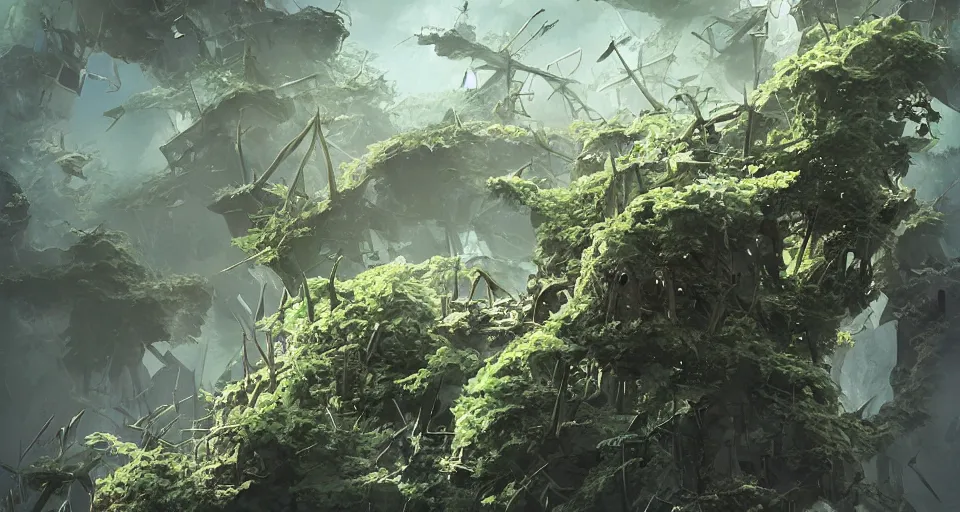 Image similar to close - up broken collided flying ship taken by ferns and vines, highly detailed, sharp focus, matte painting, by studio ghibli, by giovani magana,