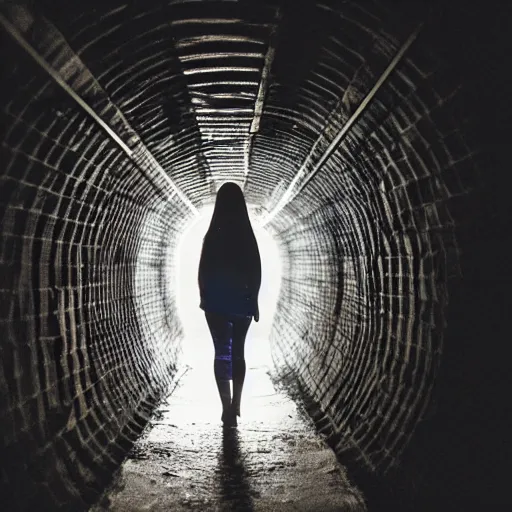 Image similar to woman explores sterile tunnels, fear and dark misery, future, cinematic