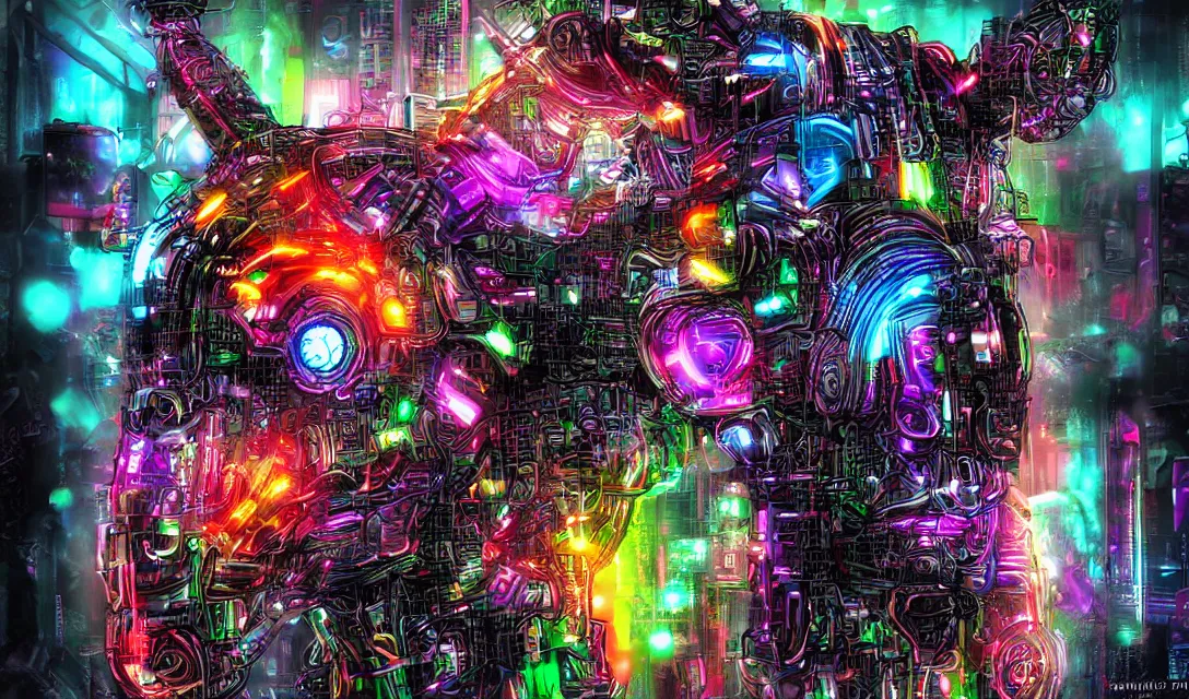 Image similar to complex cyberpunk machine background merged with evil cybernetic goat head centered!, multicolored digital art