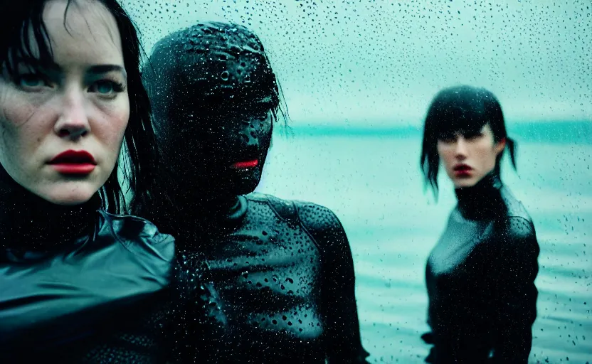 Image similar to cinestill 5 0 d candid action photographic portrait by quentin tarantino of two loving female androids wearing rugged black mesh techwear in treacherous waters, extreme closeup, modern cyberpunk retrofuturism moody emotional cinematic, pouring iridescent rain, 8 k, hd, high resolution, 3 5 mm, f / 3 2, motion blur, ultra realistic faces, ex machina