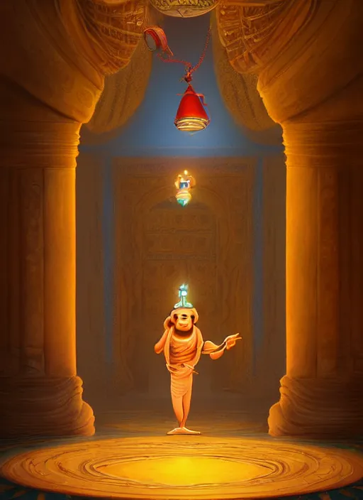 Image similar to genie coming out of his lamp in the middle of a palace . by Ciryl Rolando, hyperrealistic illustration, digital art, 4k, very detailed faces